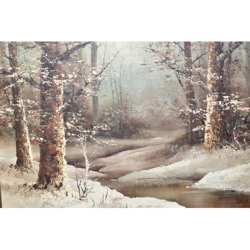 595 - A SMALL QUANTITY OF PAINTINGS AND PRINTS, to include a late 20th century winter landscape signed Mor... 