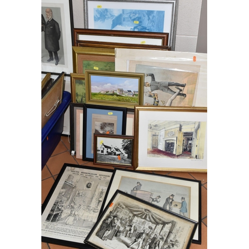 596 - A BOX AND LOOSE ASSORTED PRINTS ETC, to include a landscape with village oil ln board by Margaret Ha... 