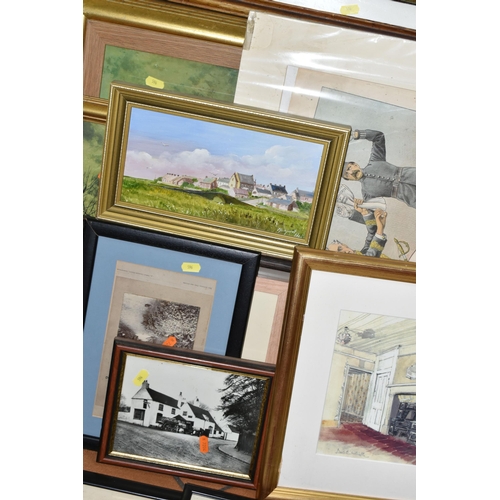 596 - A BOX AND LOOSE ASSORTED PRINTS ETC, to include a landscape with village oil ln board by Margaret Ha... 