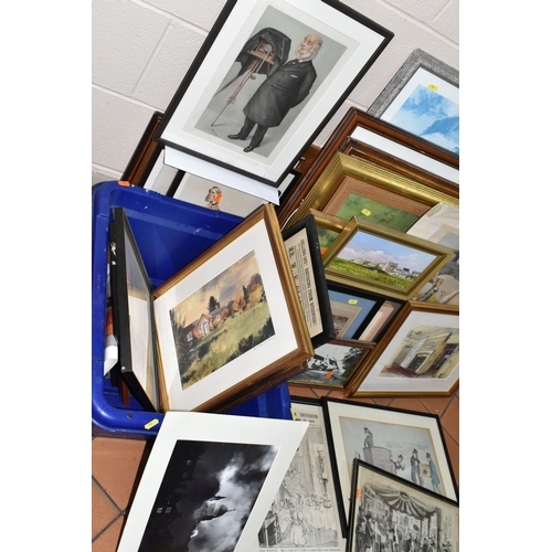 596 - A BOX AND LOOSE ASSORTED PRINTS ETC, to include a landscape with village oil ln board by Margaret Ha... 