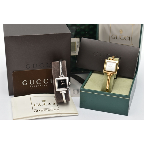 27 - TWO GUCCI WATCHES, to include a wristwatch with a black square dial, the dial is signed 'GUCCI Swiss... 