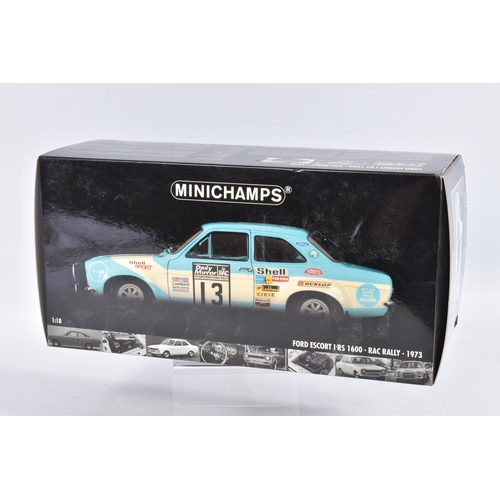 20 - A BOXED MINICHAMPS FORD ESCORT I RS 1600 RAC RALLY 1973 1:18 DIECAST MODEL VEHICLE, numbered 100 738... 