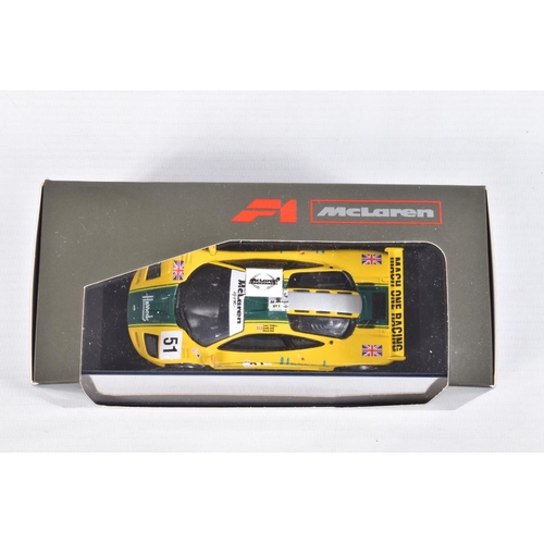 35 - FIVE BOXED MINICHAMPS MCLAREN MODEL CARS 1:43 SCALE, to include, a F1 GTR 4 Le Mans,  Bellm-Blundell... 