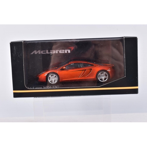 35 - FIVE BOXED MINICHAMPS MCLAREN MODEL CARS 1:43 SCALE, to include, a F1 GTR 4 Le Mans,  Bellm-Blundell... 