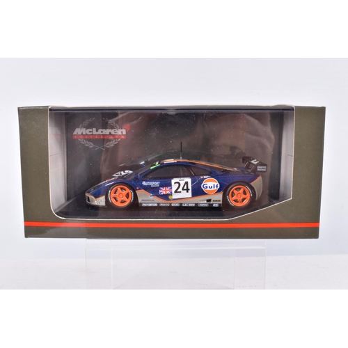 35 - FIVE BOXED MINICHAMPS MCLAREN MODEL CARS 1:43 SCALE, to include, a F1 GTR 4 Le Mans,  Bellm-Blundell... 