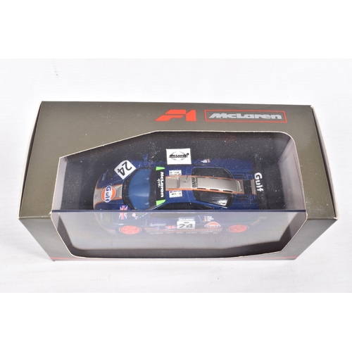 35 - FIVE BOXED MINICHAMPS MCLAREN MODEL CARS 1:43 SCALE, to include, a F1 GTR 4 Le Mans,  Bellm-Blundell... 