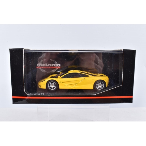 35 - FIVE BOXED MINICHAMPS MCLAREN MODEL CARS 1:43 SCALE, to include, a F1 GTR 4 Le Mans,  Bellm-Blundell... 