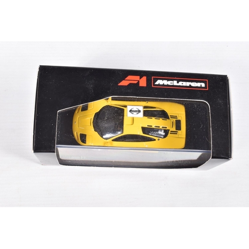 35 - FIVE BOXED MINICHAMPS MCLAREN MODEL CARS 1:43 SCALE, to include, a F1 GTR 4 Le Mans,  Bellm-Blundell... 