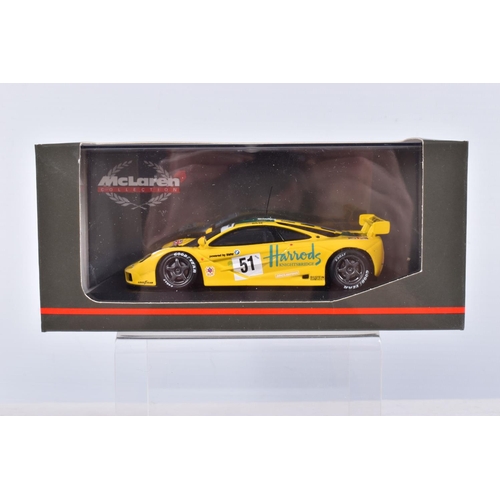 35 - FIVE BOXED MINICHAMPS MCLAREN MODEL CARS 1:43 SCALE, to include, a F1 GTR 4 Le Mans,  Bellm-Blundell... 