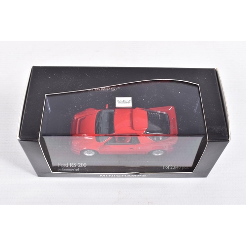 38 - EIGHT BOXED MINICHAMPS VEHICLES 1:43 SCALE, to include a Ford Escort I RS1600, 'AVO-Clubman Red 1970... 