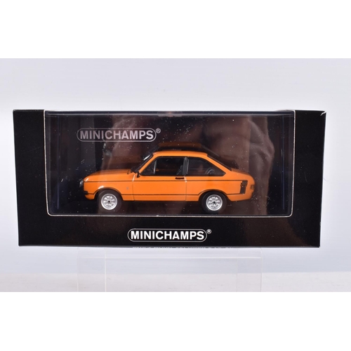 38 - EIGHT BOXED MINICHAMPS VEHICLES 1:43 SCALE, to include a Ford Escort I RS1600, 'AVO-Clubman Red 1970... 