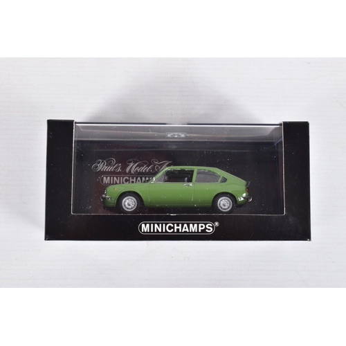 77 - SIX BOXED MINICHAMP MODEL VEHICLES 1:43 SCALE, to include a Alfa Romeo Alfasud ti in green 1974, num... 