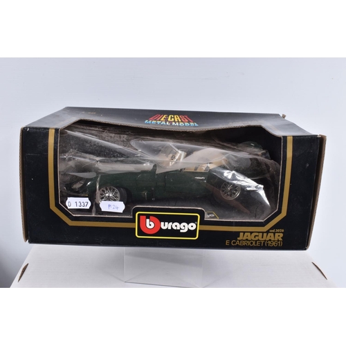 87 - THREE BOXED BBURAGO 1/18 SCALE DIECAST SPORTS CAR MODELS,  2 x 1961 Jaguar E Type Cabriolet, No.3016... 