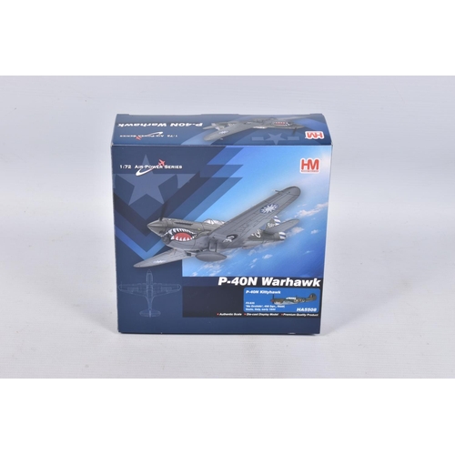 131 - FOUR BOXED HOBBYMASTER AIR POWER SERIES 1:72 SCALE DIECAST MODEL AIRCRAFTS, the first is a P-40N War... 