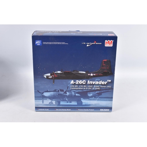 131 - FOUR BOXED HOBBYMASTER AIR POWER SERIES 1:72 SCALE DIECAST MODEL AIRCRAFTS, the first is a P-40N War... 