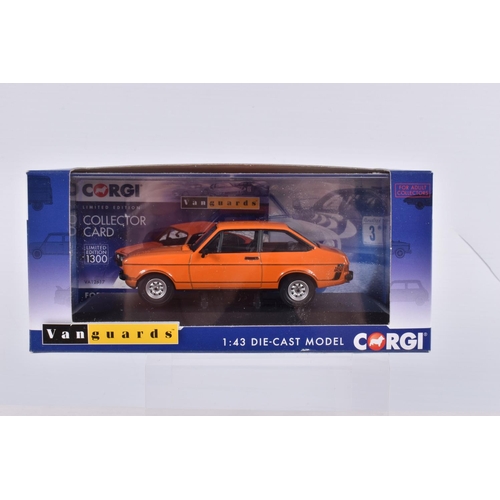 135 - NINE BOXED CORGI LIMITED EDITION VANGUARDS 1:43 SCALE DIECAST MODEL VEHICLES, the first is a Ford Es... 