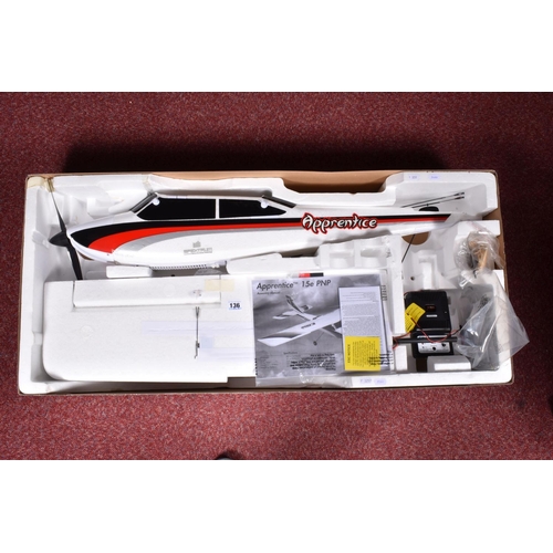 136 - A BOXED UNBUILT HORIZON HOBBIES E-FLITE APPRENTICE 15e BATTERY POWERED MODEL TRAINER AIRCRAFT, uncon... 