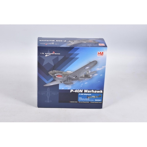 140 - FOUR BOXED HOBBYMASTER AIR POWER SERIES DIECAST MODEL AIRCRAFTS, the first is a P-40 Kittyhawk, 1:72... 