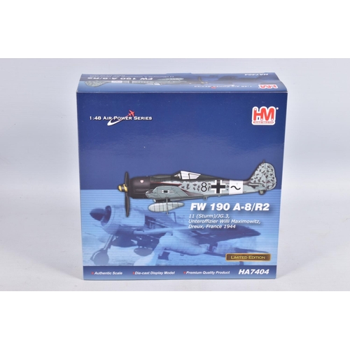 140 - FOUR BOXED HOBBYMASTER AIR POWER SERIES DIECAST MODEL AIRCRAFTS, the first is a P-40 Kittyhawk, 1:72... 