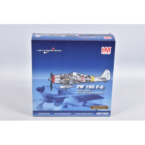 140 - FOUR BOXED HOBBYMASTER AIR POWER SERIES DIECAST MODEL AIRCRAFTS, the first is a P-40 Kittyhawk, 1:72... 