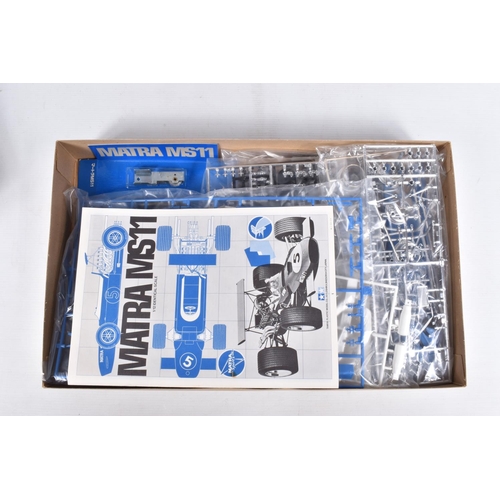 144 - THREE UNBUILT MODEL KITS, to include a Tamiya Series  No.5 Matra MS11 F1 1:12 scale unbuilt set, FA-... 