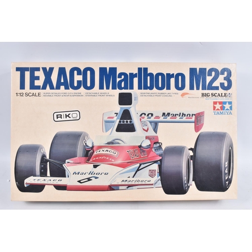 145 - TWO UNBUILT TAMIYA 1:12 SCALE KITS, the first a TEXACO Marlboro M23 Big Scale 14 set, kit no. BS1216... 