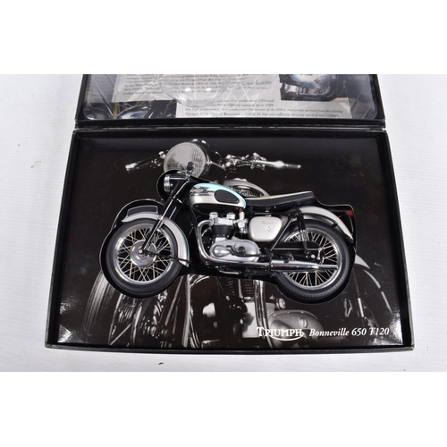 164 - TWO BOXED MINICHAMPS CLASSIC BIKE SERIES 1:12 SCALE DIECAST MODEL MOTORCYCLES, the first is a Triump... 