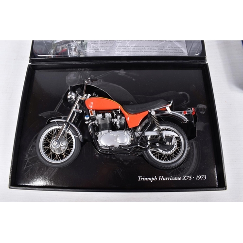 165 - TWO BOXED MINICHAMPS CLASSIC BIKE SERIES 1:12 SCALE DIECAST MODEL MOTORCYCLES, the first is a Triump... 