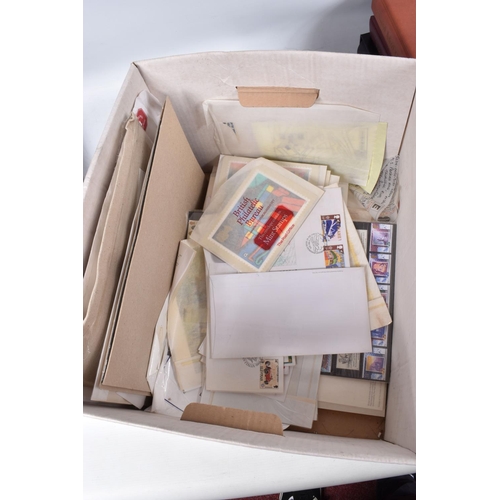 369 - LARGE COLLECTION OF STAMPS IN FOUR BOXES, we note GB PHQ cards from earlies, FDCs, Presentation pack... 