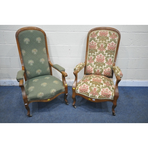 1201 - TWO 19TH CENTURY WALNUT FRAMED ARMCHAIRS, one with beige and foliate upholstery, the other with gree... 