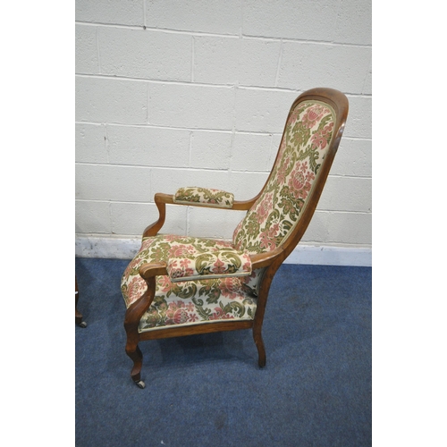 1201 - TWO 19TH CENTURY WALNUT FRAMED ARMCHAIRS, one with beige and foliate upholstery, the other with gree... 