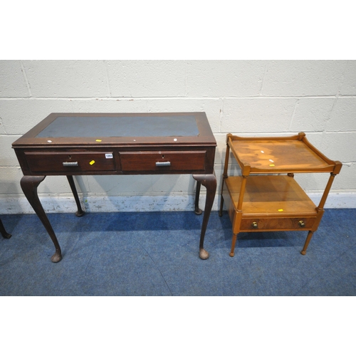 1203 - A 20TH CENTURY MAHOGANY SIDE TABLE, with two frieze drawers, on cabriole legs, length 95cm x depth 4... 