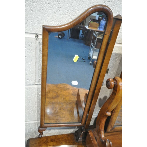 1205 - A PALATIAL BURR WALNUT DRESSING TABLE, with the two wing mirrors, flanking a central section where t... 