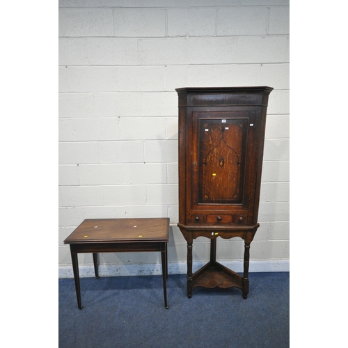 1206 - A GEORGIAN OAK CORNER CUPBOARD, with a single cupboard door above a single drawer and two dummy draw... 