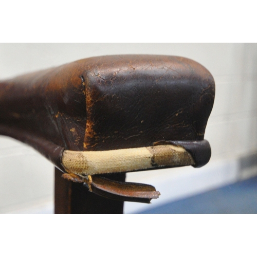 1207 - A 20TH CENTURY MAHOGANY KNEE HOLE DESK, with blue tooled leather writing surface, fitted with three ... 