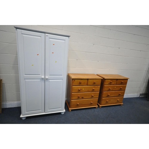 1211 - A WHITE PAINTED PINE DOUBLE DOOR WARDROBE, width 94cm x depth 72cm x height 177cm, along with a pair... 