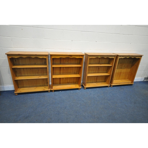 1213 - FOUR MATCHING PINE OPEN BOOKCASES, with two adjustable shelves, width 84cm x depth 24cm x height 100... 