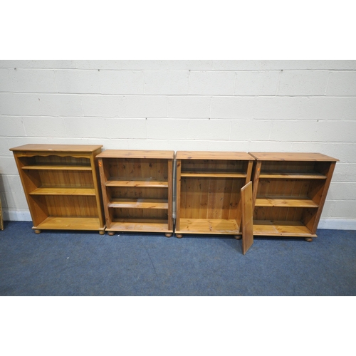 1214 - FOUR PINE OPEN BOOKCASES, with two adjustable shelves, largest width 84cm x depth 29cm x height 100c... 