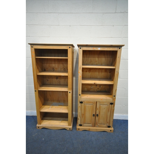 1215 - TWO CORONA PINE OPEN BOOKCASES, one with four adjustable shelves, the other with two shelves and two... 