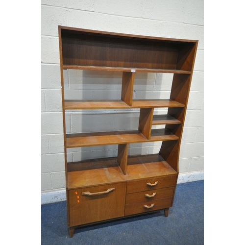 1227 - A MID CENTURY TEAK ROOM DIVIDER, fitted with an arrangement of shelving, a single door and three dra... 