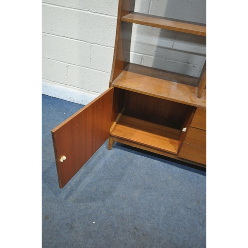 1227 - A MID CENTURY TEAK ROOM DIVIDER, fitted with an arrangement of shelving, a single door and three dra... 