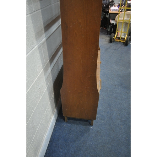 1227 - A MID CENTURY TEAK ROOM DIVIDER, fitted with an arrangement of shelving, a single door and three dra... 