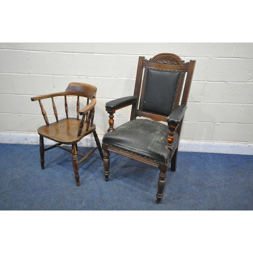 1229 - AN EARLY 20TH CENTURY OAK ARMCHAIR, with arched crest, open armrests, turned supports and front legs... 