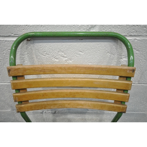 1230 - A SET OF EIGHT GREEN PAINTED TUBULAR STACKING CHAIRS, with teak slatted seats and back rests, width ... 