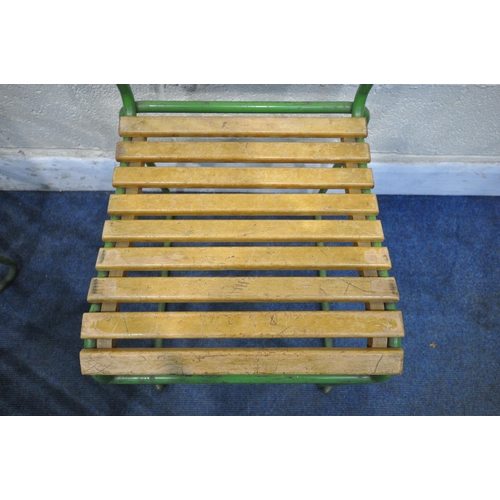 1230 - A SET OF EIGHT GREEN PAINTED TUBULAR STACKING CHAIRS, with teak slatted seats and back rests, width ... 