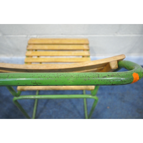 1230 - A SET OF EIGHT GREEN PAINTED TUBULAR STACKING CHAIRS, with teak slatted seats and back rests, width ... 