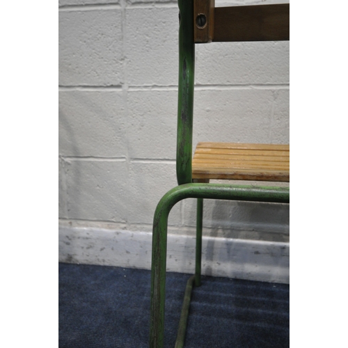 1230 - A SET OF EIGHT GREEN PAINTED TUBULAR STACKING CHAIRS, with teak slatted seats and back rests, width ... 