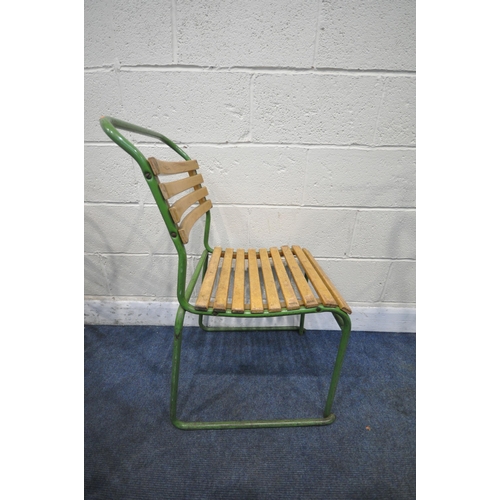 1230 - A SET OF EIGHT GREEN PAINTED TUBULAR STACKING CHAIRS, with teak slatted seats and back rests, width ... 