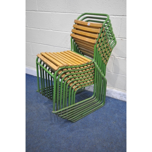 1230 - A SET OF EIGHT GREEN PAINTED TUBULAR STACKING CHAIRS, with teak slatted seats and back rests, width ... 