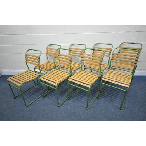 1231 - A SET OF EIGHT TEAK GREEN PAINTED TUBULAR STACKING CHAIRS, with teak slatted seats and back rests, w... 